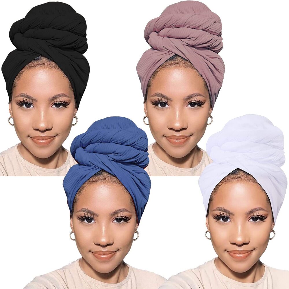 1748 4 Pcs Stretch Head Wraps for Black with Natural Hair Solid Color